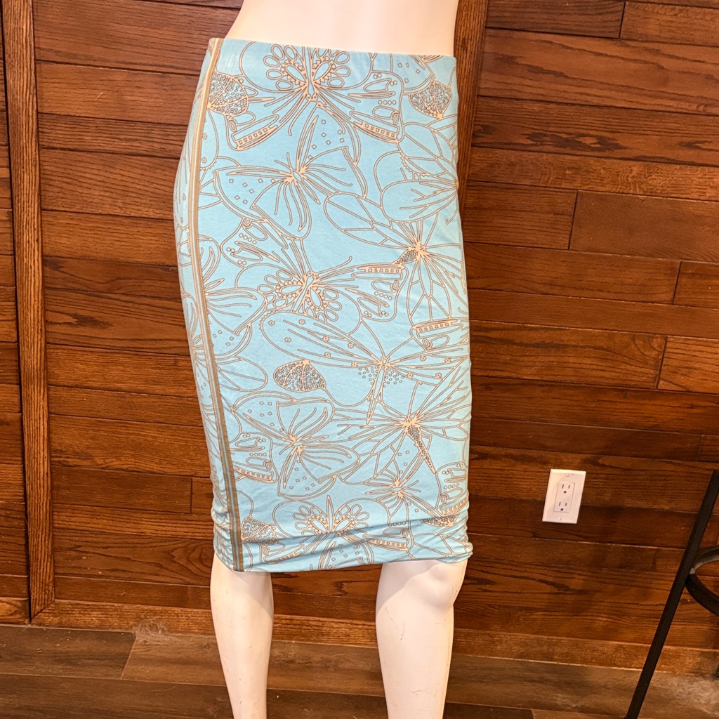Marc Cain Sky Blue Floral Pencil Skirt With Metallic Gold Trim